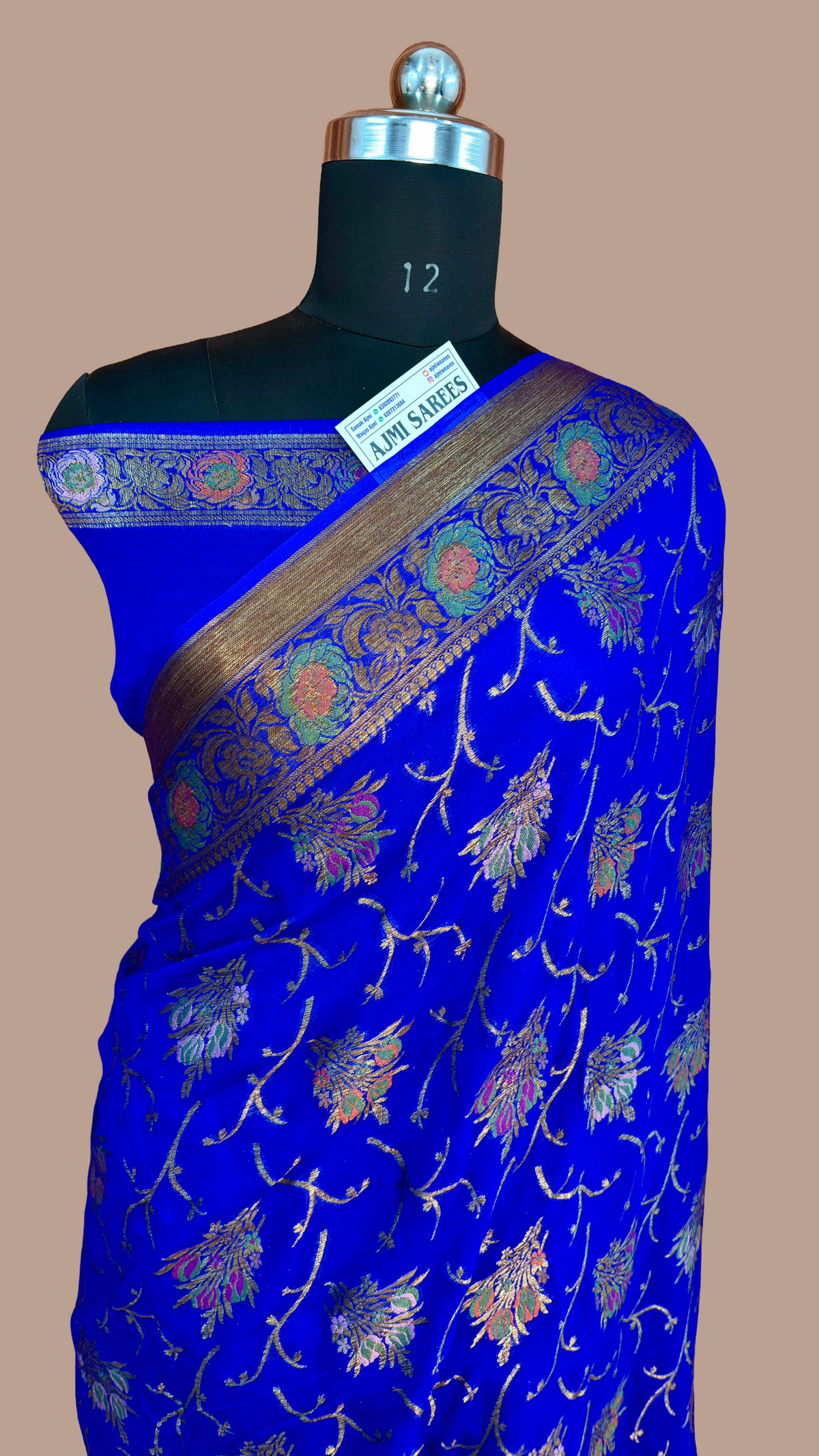 Royal blue 100% pure Khaddi Chiffon Banarasi Tilfi saree with antique copper zari