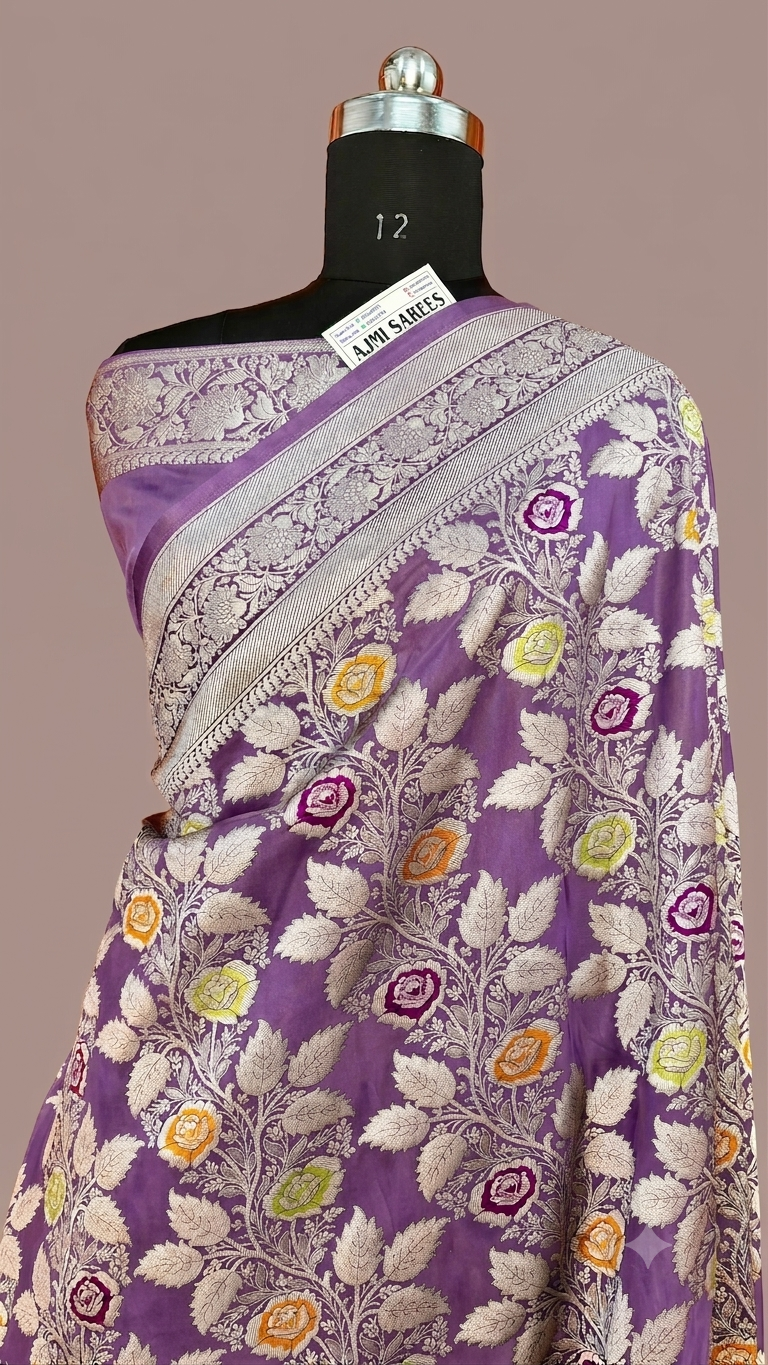 Premium Black Mashru Katan Silk Banarasi Meenakari Saree | Multicolour Floral Jaal