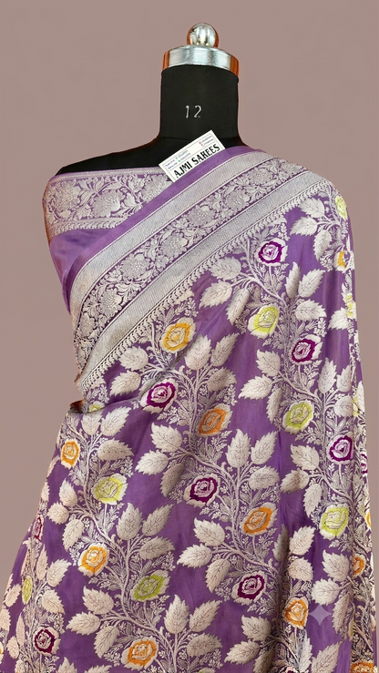 Premium Black Mashru Katan Silk Banarasi Meenakari Saree | Multicolour Floral Jaal