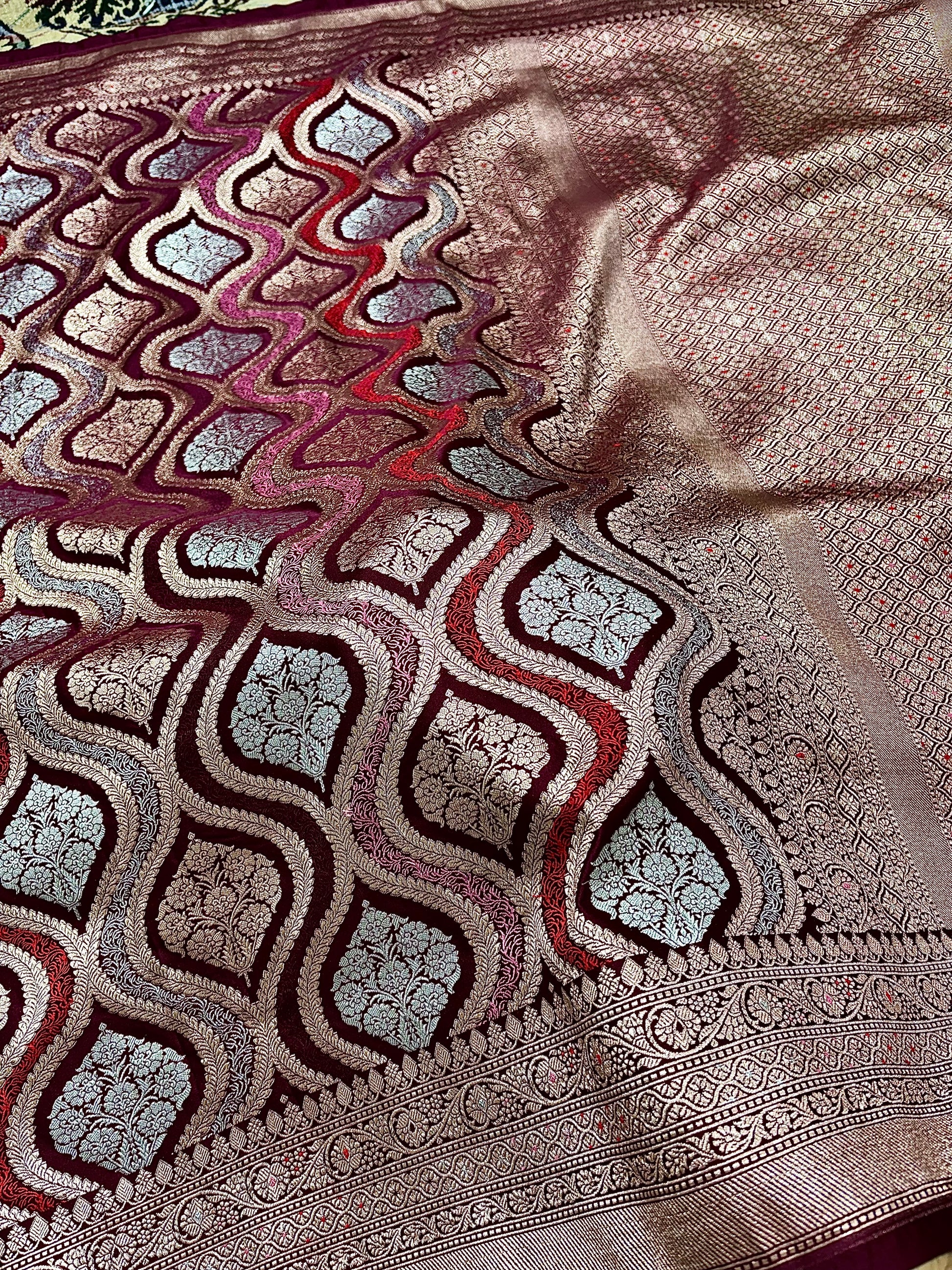 Mashru Katan Silk Wine Color Banarasi Saree with Rich Zari Jaal & Meenakari Border Mashru Katan Silk Banarasi Saree