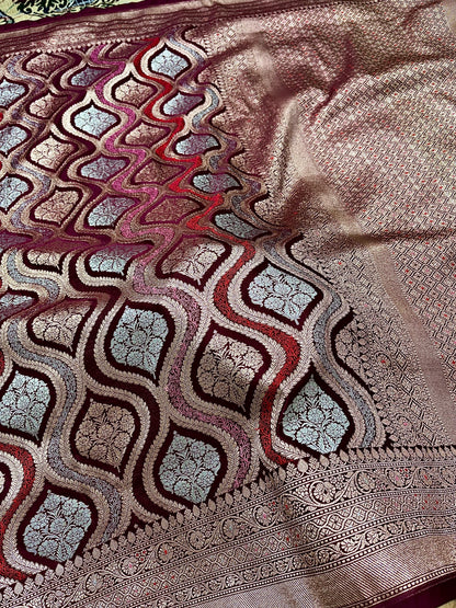 Mashru Katan Silk Wine Color Banarasi Saree with Rich Zari Jaal & Meenakari Border Mashru Katan Silk Banarasi Saree