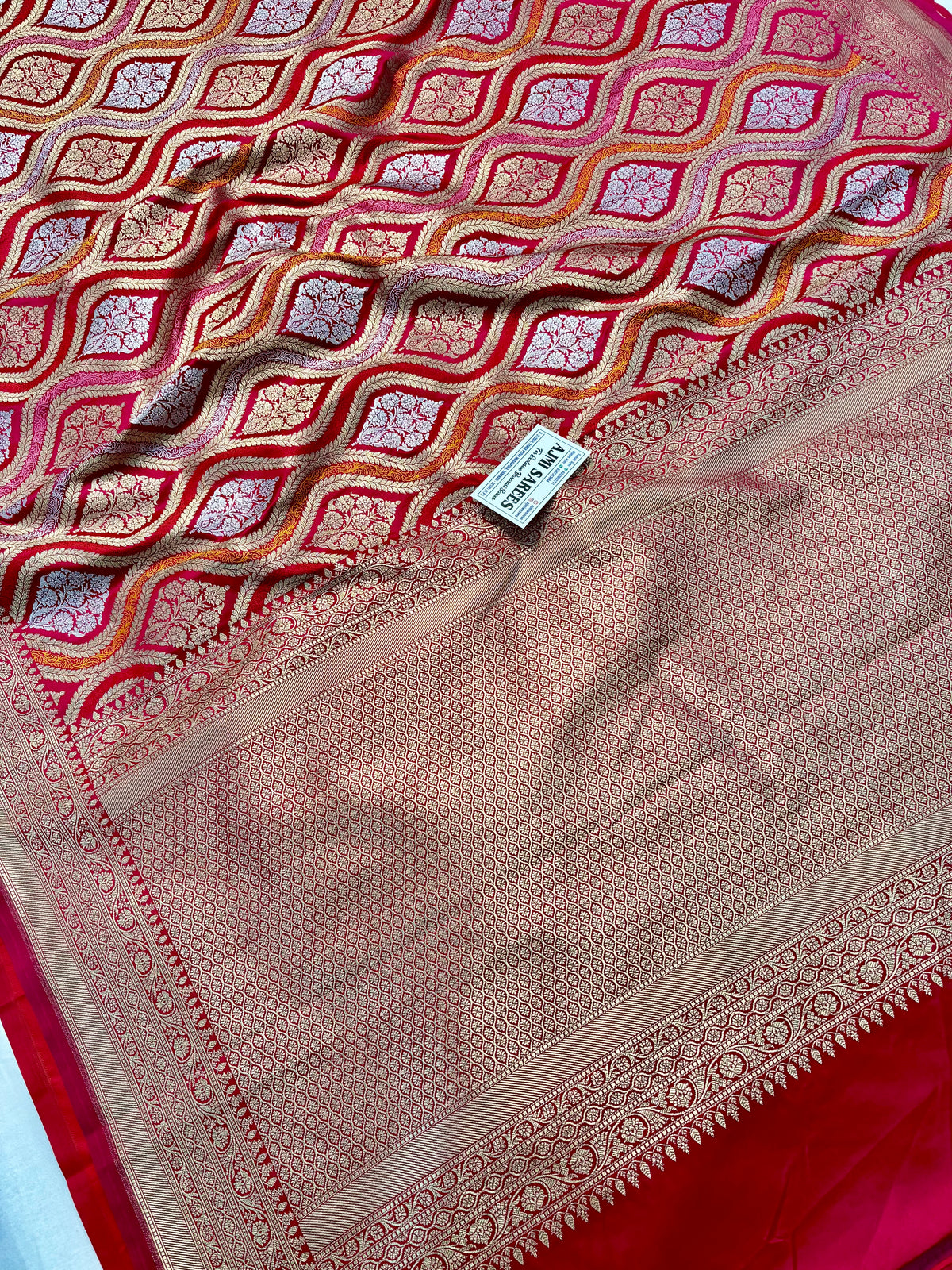 Hot pink Mashru Katan silk saree featuring traditional Banarasi zari weaving