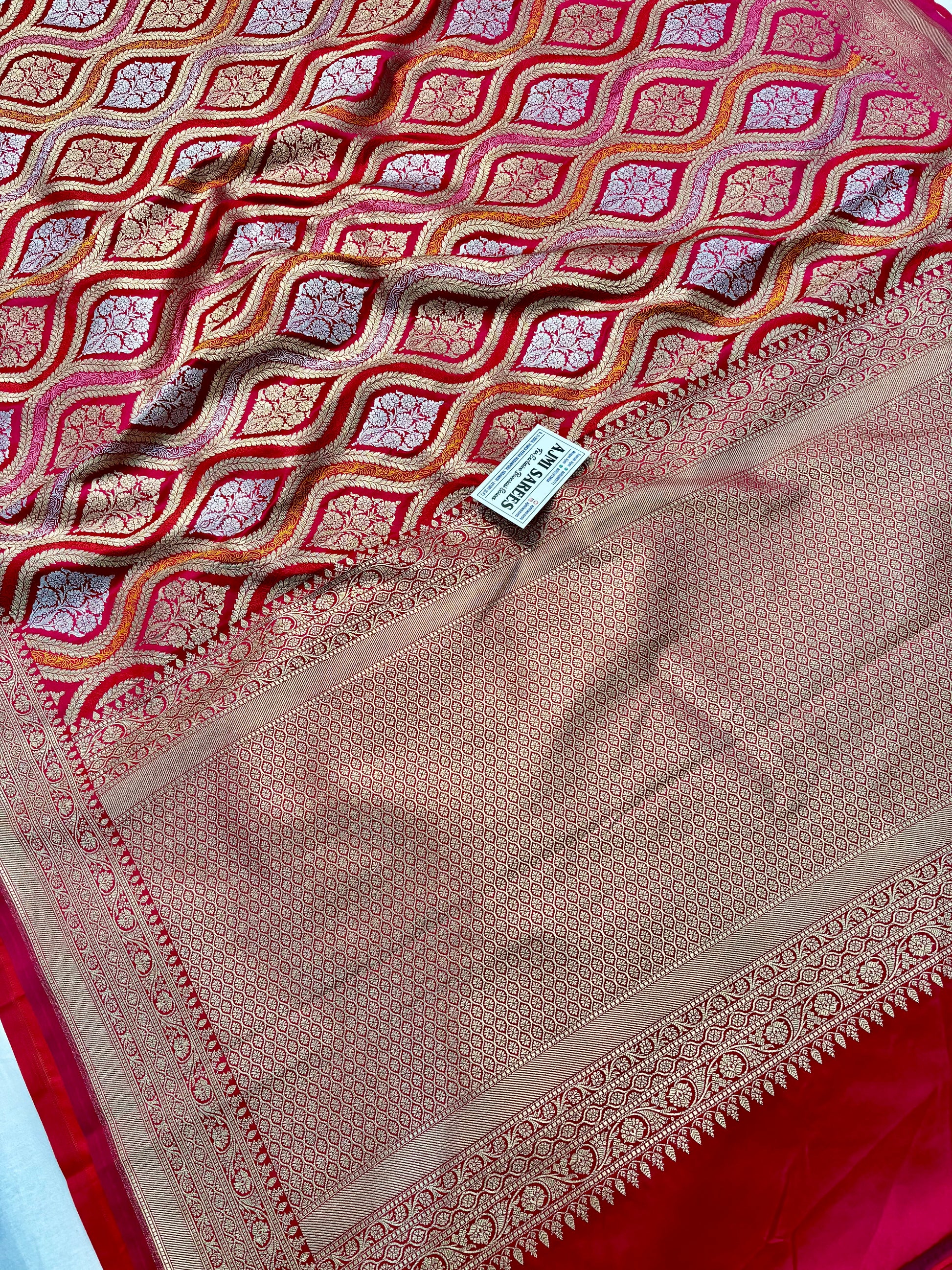 Hot pink Mashru Katan silk saree featuring traditional Banarasi zari weaving