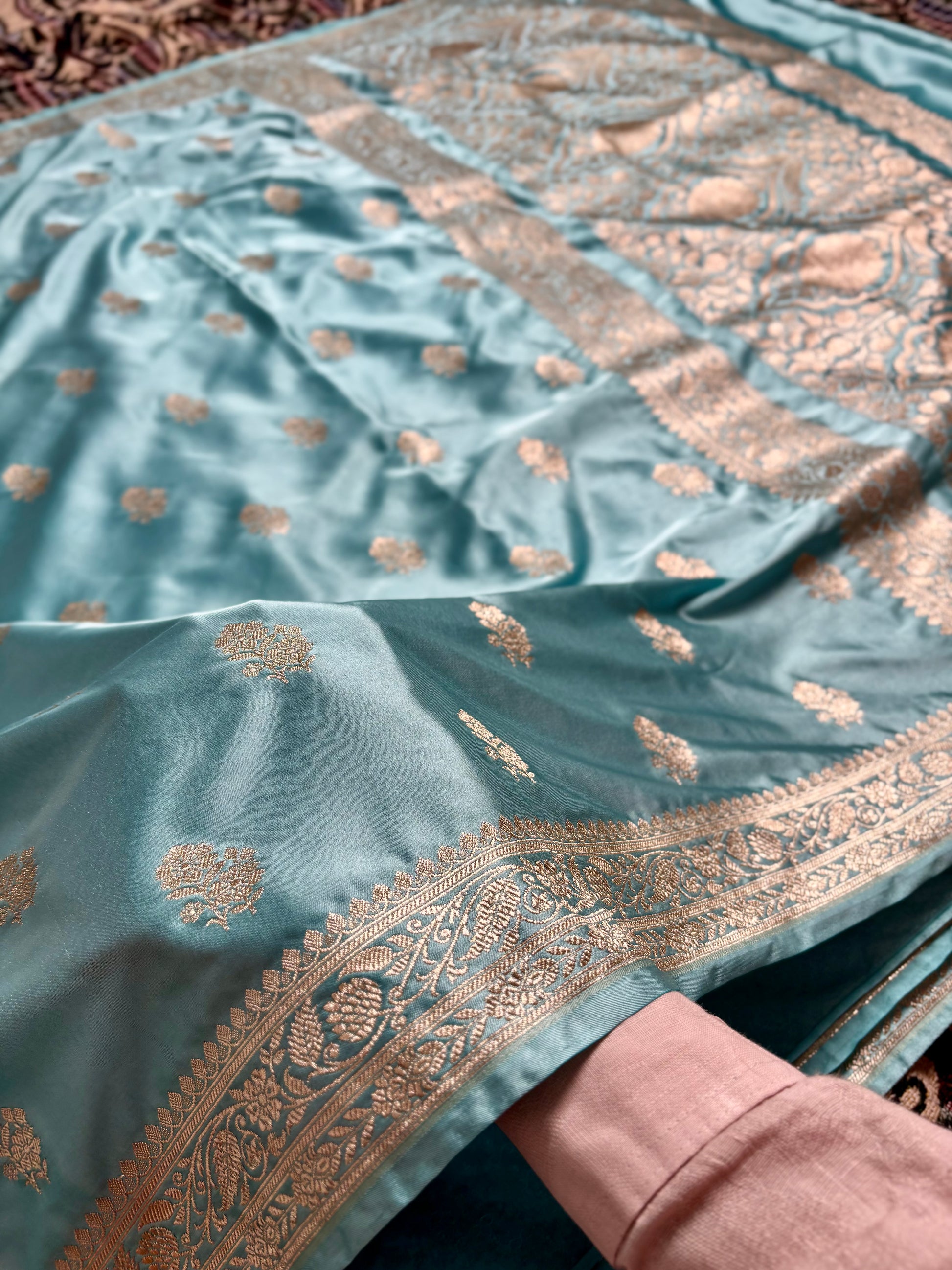 Mashru katan silk banarasi saree aqua blue with zari boota design