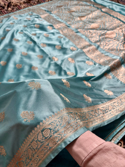 Mashru katan silk banarasi saree aqua blue with zari boota design