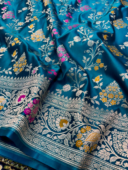 Premium Mashru Katan Silk Banarasi Saree – Sapphire Blue with Golden Zari Banarasi Saree