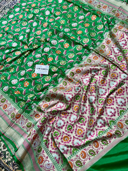 100% Pure Katan Silk Handloom Banarasi Saree – Emerald Green Tilfi Meenakari Floral Jaal Banarasi Saree
