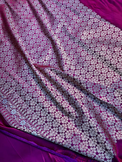 Dual tone magenta red Banarasi silk saree with brocade blouse piece