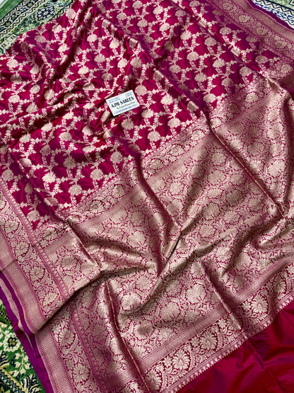 100% Pure Katan Silk Banarasi Saree – Red x Pink Dual Tone | Gold Zari Floral Jaal Banarasi Saree