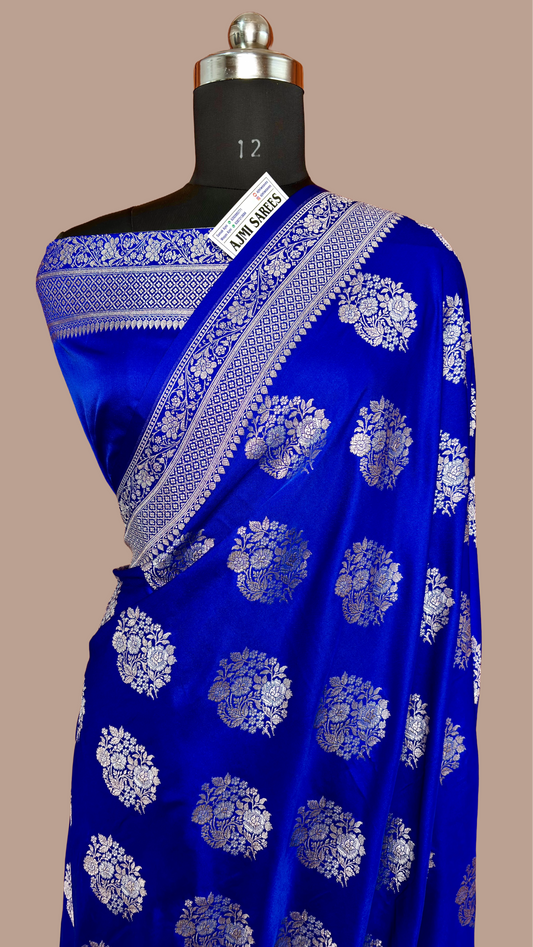 Premium Mashru Katan Silk Banarasi Saree – Royal Blue Rupa Meenakari Buta with Golden Zari Banarasi Saree