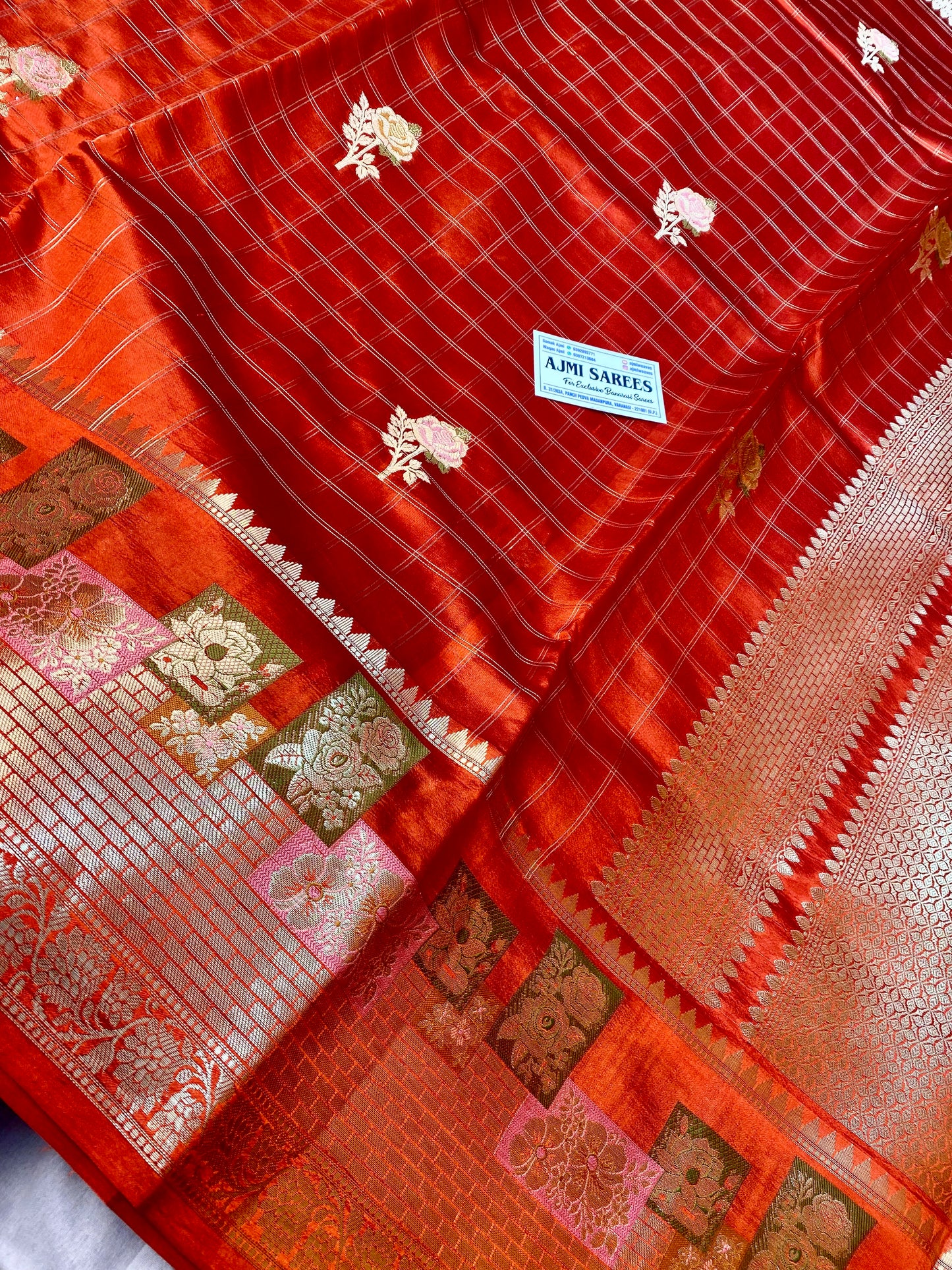 Rust orange Tilfi Banarasi silk saree with floral rose buta