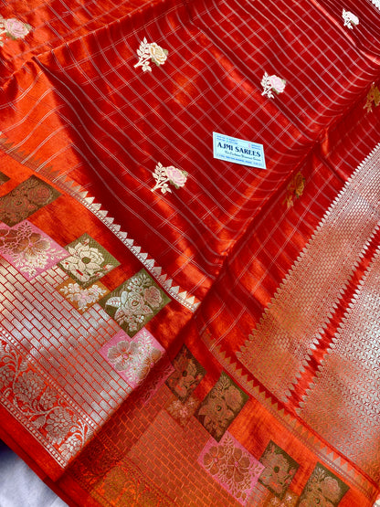 Rust orange Tilfi Banarasi silk saree with floral rose buta