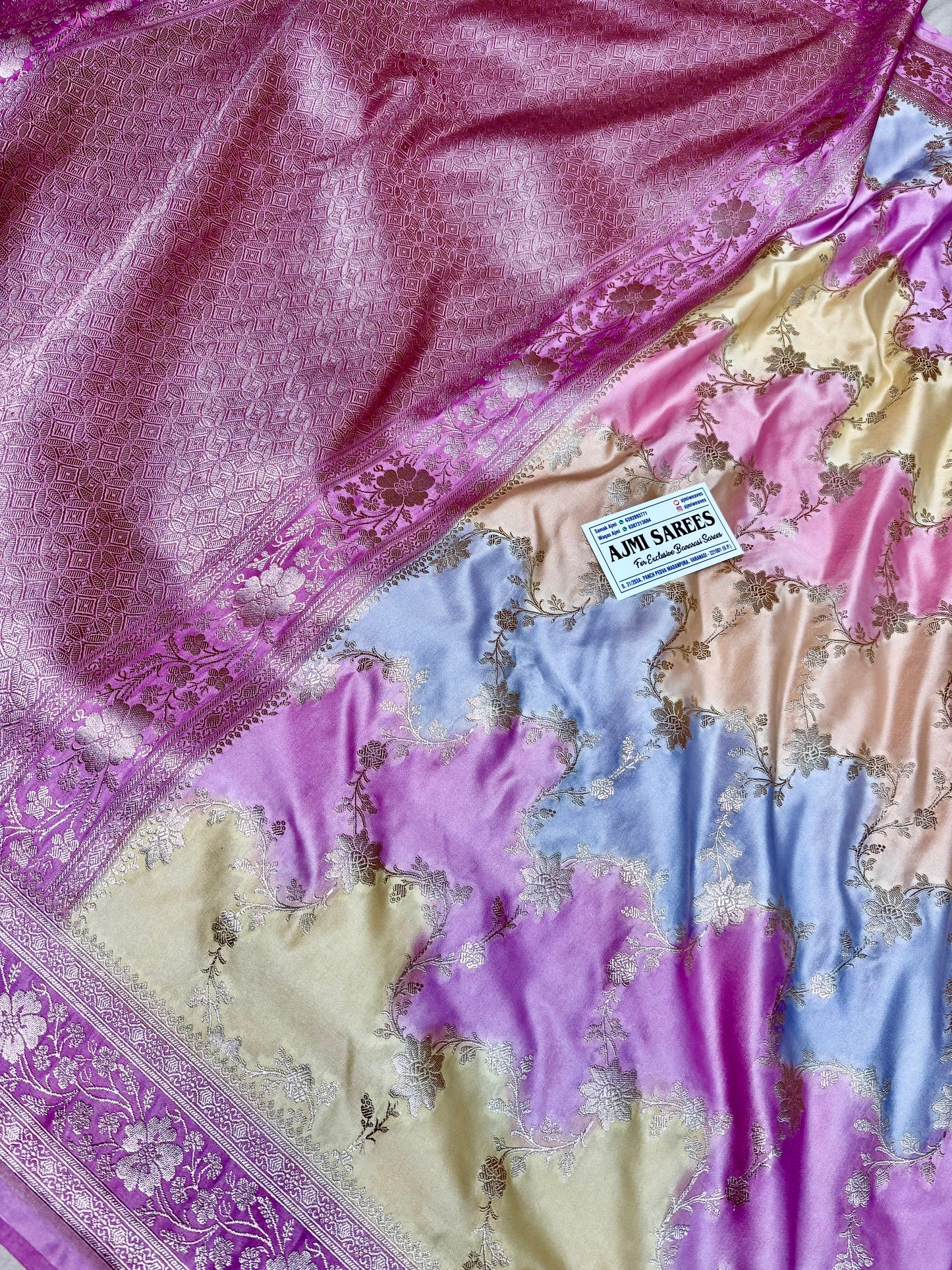 Mashru Katan Silk Rangkat Banarasi Saree – Pink, Tussar, Sky Blue & Yellow Mashru Katan Silk Banarasi Saree