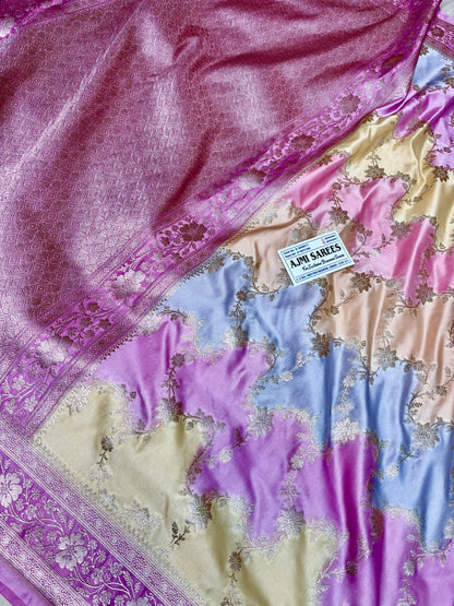 Mashru Katan Silk Rangkat Banarasi Saree – Pink, Tussar, Sky Blue & Yellow Mashru Katan Silk Banarasi Saree