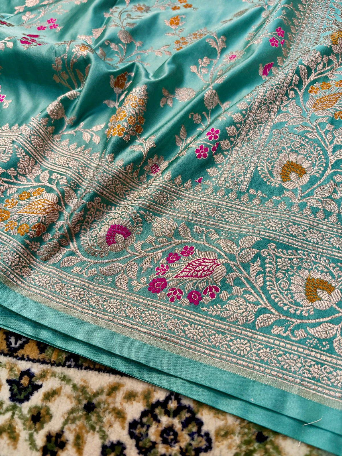 Premium Sea Green Mashru Katan Silk Banarasi Saree with Floral Jaal Banarasi Saree