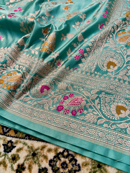 Premium Sea Green Mashru Katan Silk Banarasi Saree with Floral Jaal Banarasi Saree