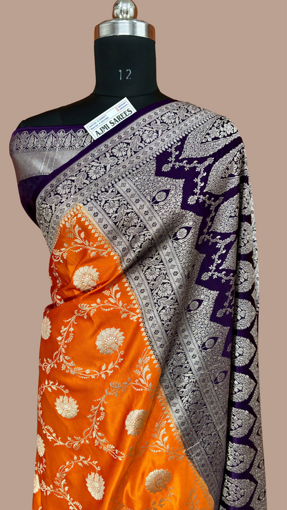 Mashru Katan Silk Orange Banarasi Saree with Contrast Violet Border and Rich Zari Floral Weaving