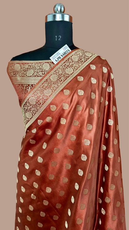 Mashru Katan Silk Banarasi Saree in Rust Copper with All-Over Zari Motifs Banarasi Saree