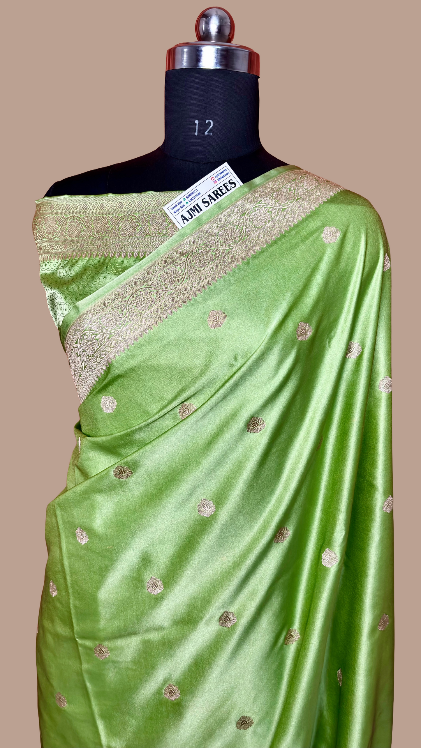 Pistachio meadow mashru katan silk banarasi saree with zari boota motifs
