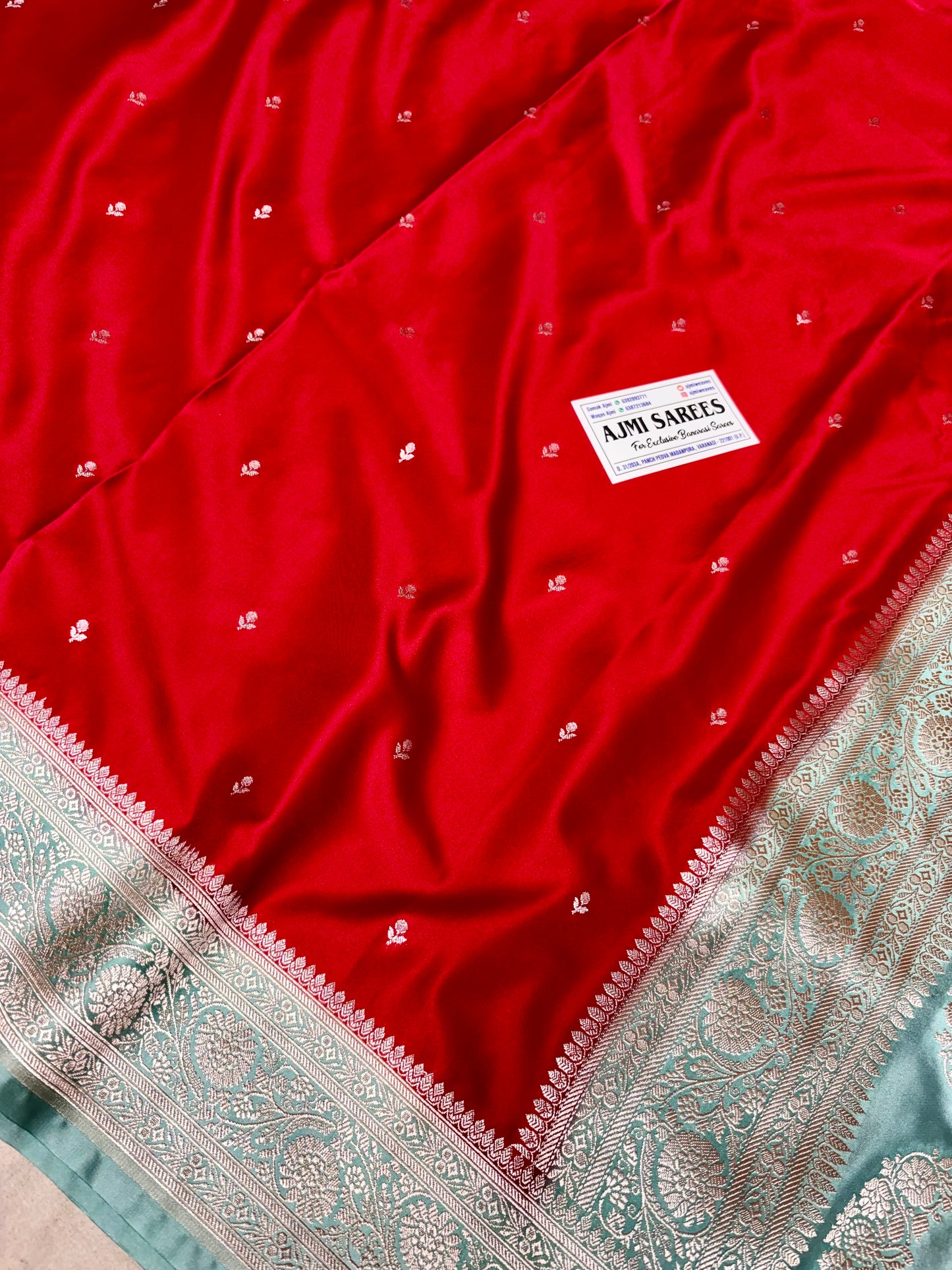 Red Mashru Katan Silk Banarasi Saree with Contrast Sea Green Zari Border Mashru Katan Silk Banarasi Saree