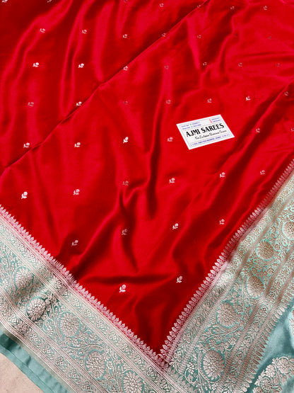 Red Mashru Katan Silk Banarasi Saree with Contrast Sea Green Zari Border Mashru Katan Silk Banarasi Saree