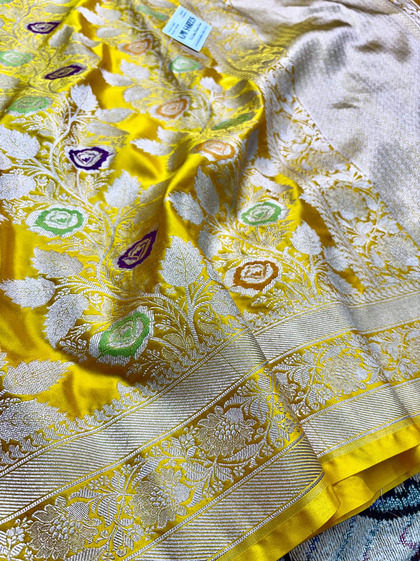 haldi function saree yellow banarasi jaal pattern