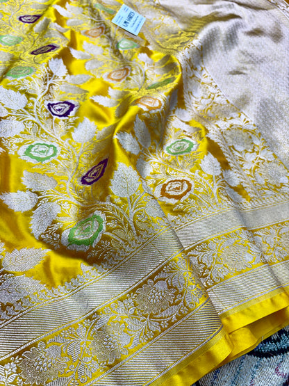 haldi function saree yellow banarasi jaal pattern