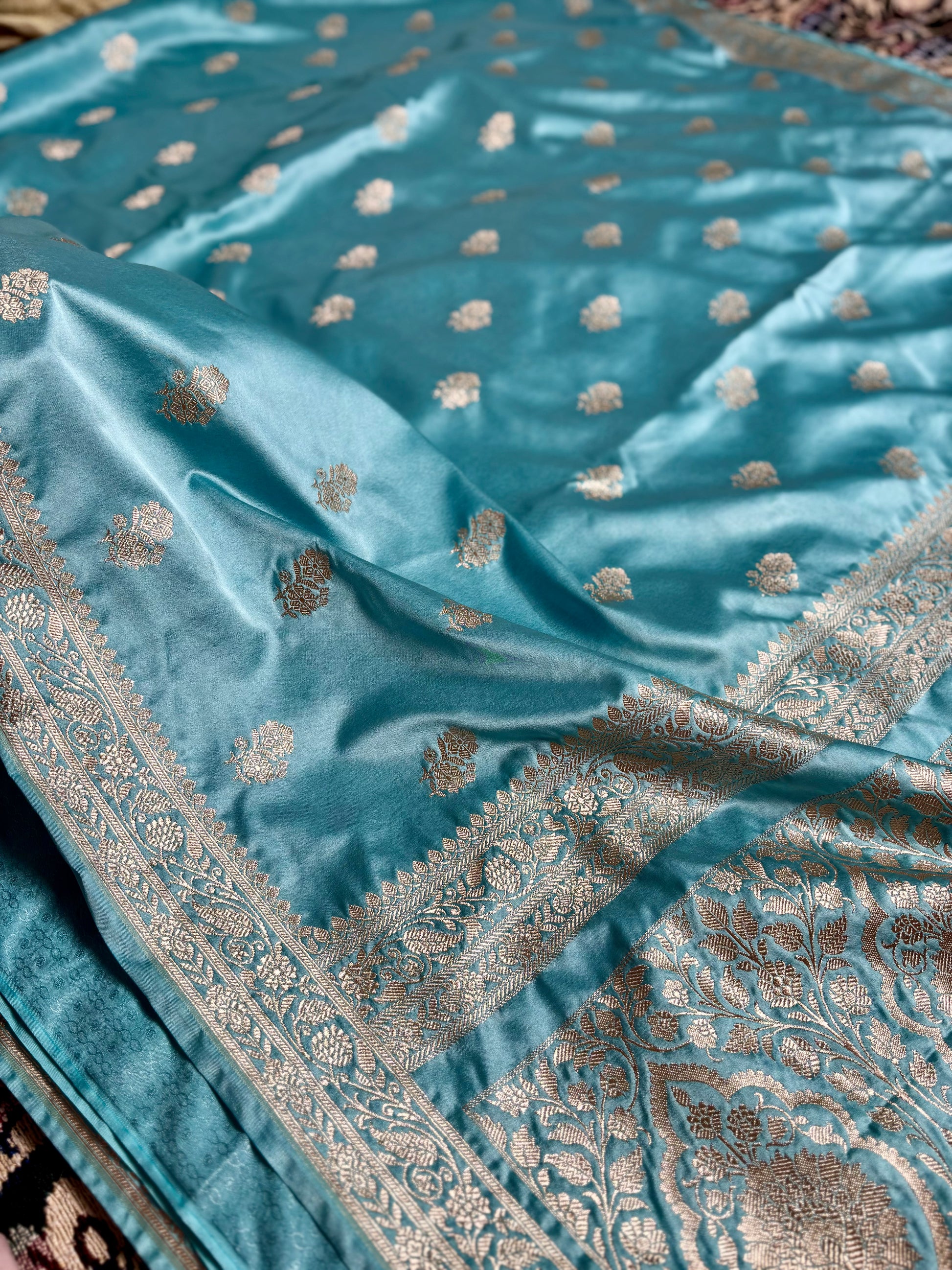 Festive banarasi saree aqua firozi mashru katan silk design