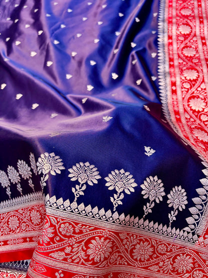 Premium Mashru Katan Silk Banarasi Saree – Navy Blue with Contrast Red Border & Golden Zari Banarasi Saree