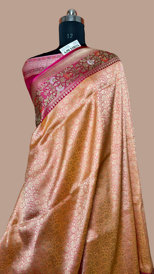 100% Pure Katan Silk Handloom Banarasi Saree – Peach Dual Tone Tanchoi Brocade Body with Tilfi Weave & Contrast Rani Border Pure Katan Silk Banarasi Saree