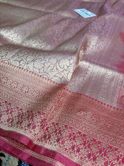100% Pure Tissue Katan Silk Handloom Banarasi Saree – Lavender Body with Contrast Gajri Border Pure kora tissue silk banarasi saree