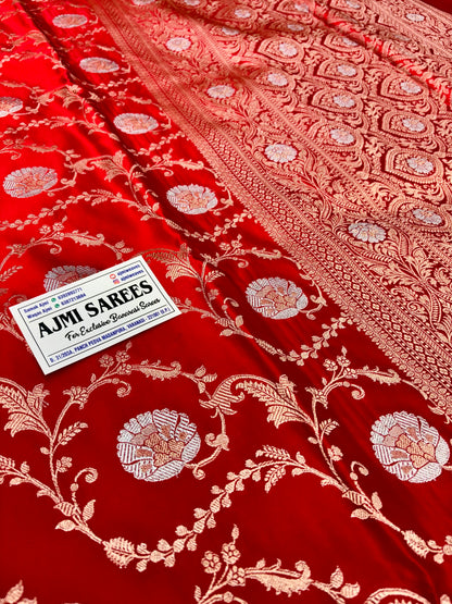 mashru katan silk saree red color zari weaving close up