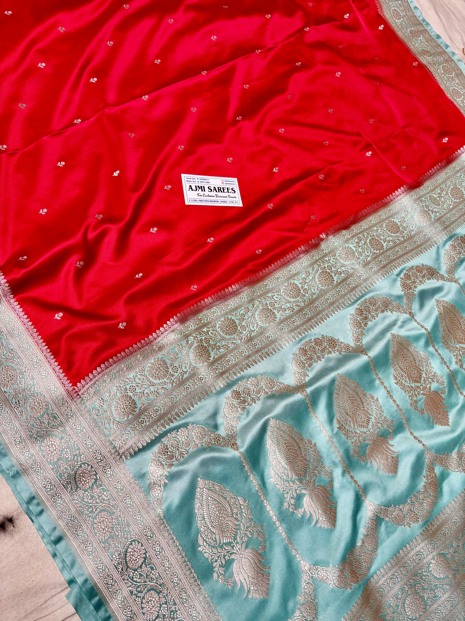 Red Mashru Katan Silk Banarasi Saree with Contrast Sea Green Zari Border Mashru Katan Silk Banarasi Saree