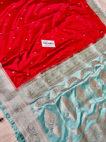 Red Mashru Katan Silk Banarasi Saree with Contrast Sea Green Zari Border Mashru Katan Silk Banarasi Saree