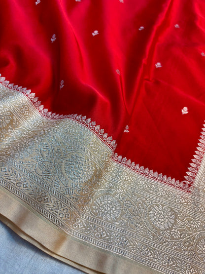 Traditional dark red Mashru Katan Silk Banarasi Saree