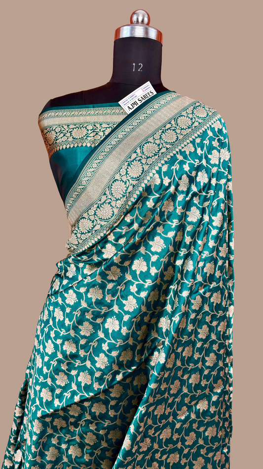 100% Pure Katan Silk Banarasi Saree – Sapphire Blue Floral Jaal Banarasi Saree
