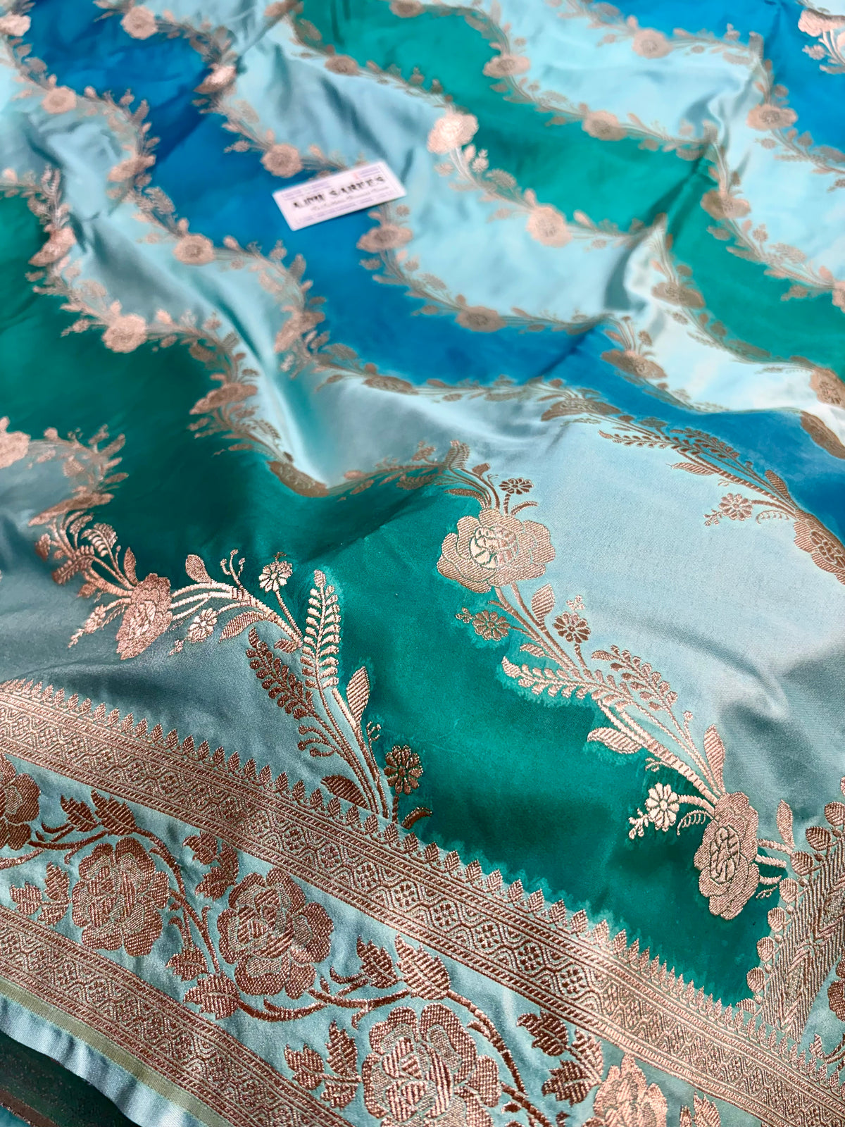 Premium Mashru Katan silk Banarasi Rangkat saree in sea green, Rama green and peacock blue