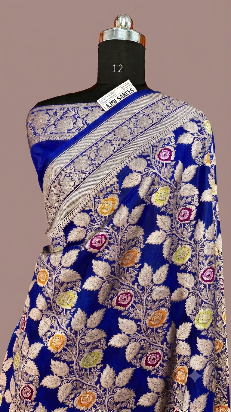 Premium Black Mashru Katan Silk Banarasi Meenakari Saree | Multicolour Floral Jaal