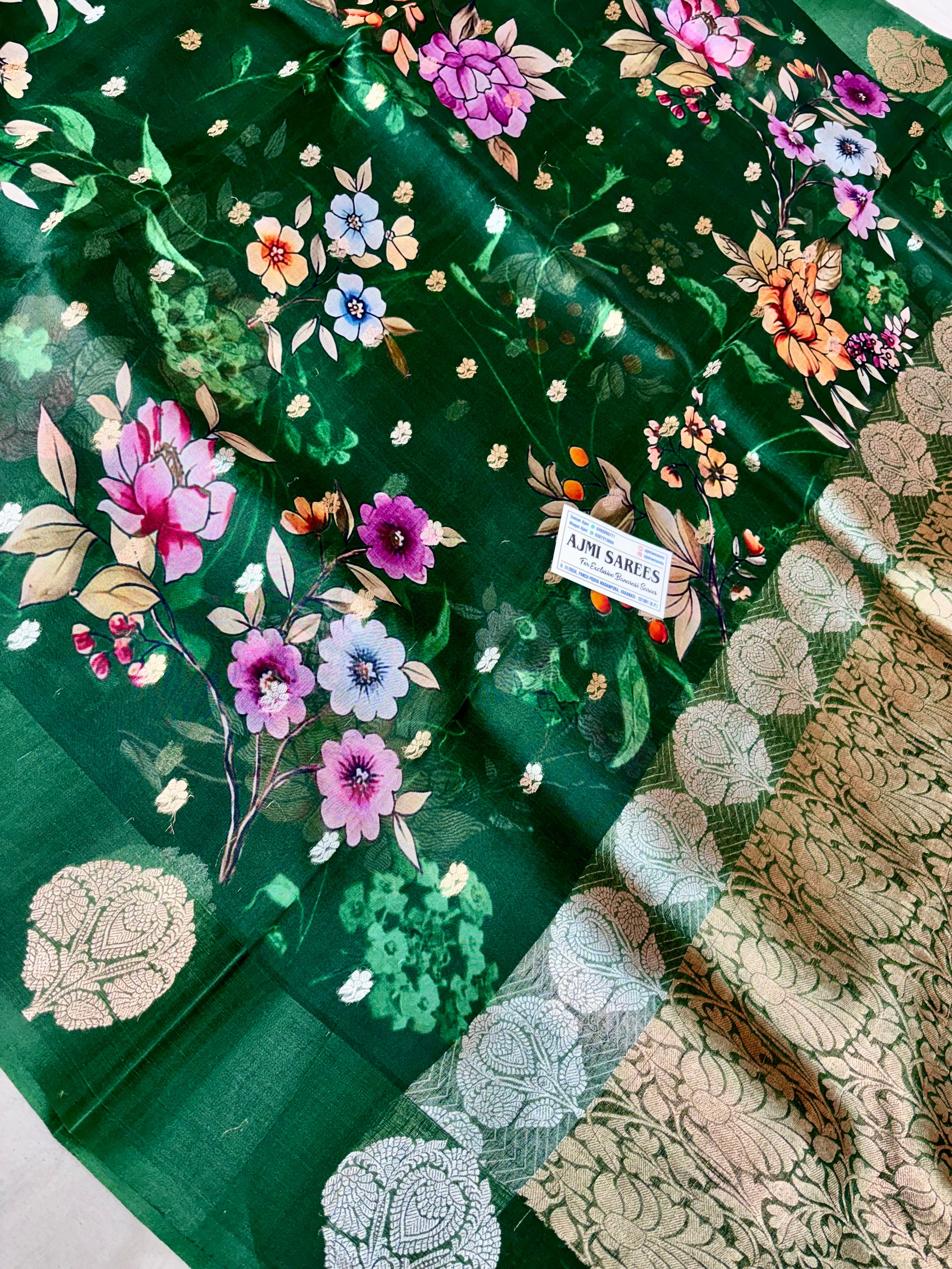 Green Pure Kora Silk Handloom Banarasi Saree | Sona Rupa Kadwa Motifs & Digital Floral Print Pure Kora Organza Silk
