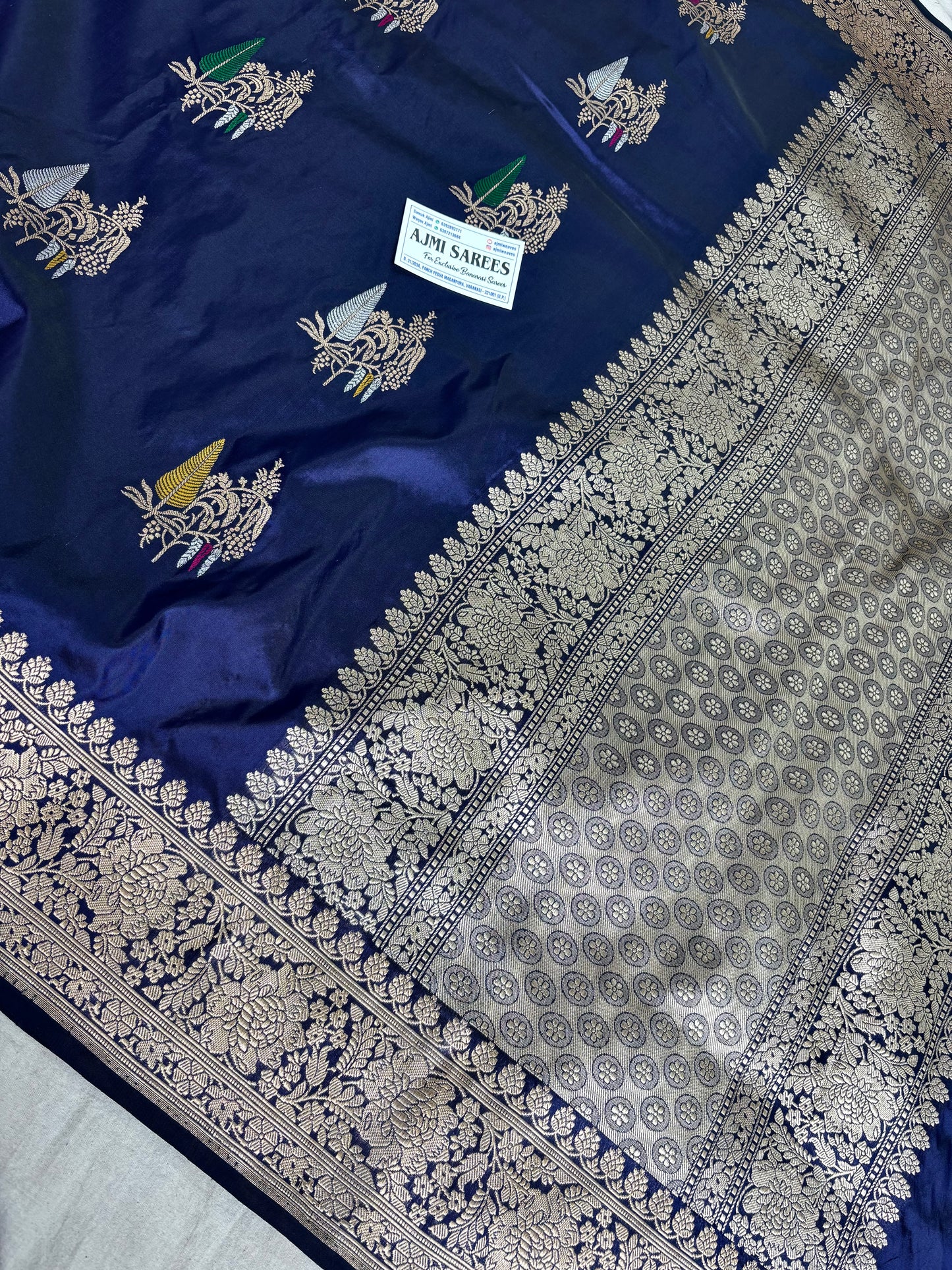 100% Pure Katan Silk Handloom Banarasi Saree in Navy Blue | All Over Kadwa Tilfi Boota Pure Katan Silk Banarasi Saree