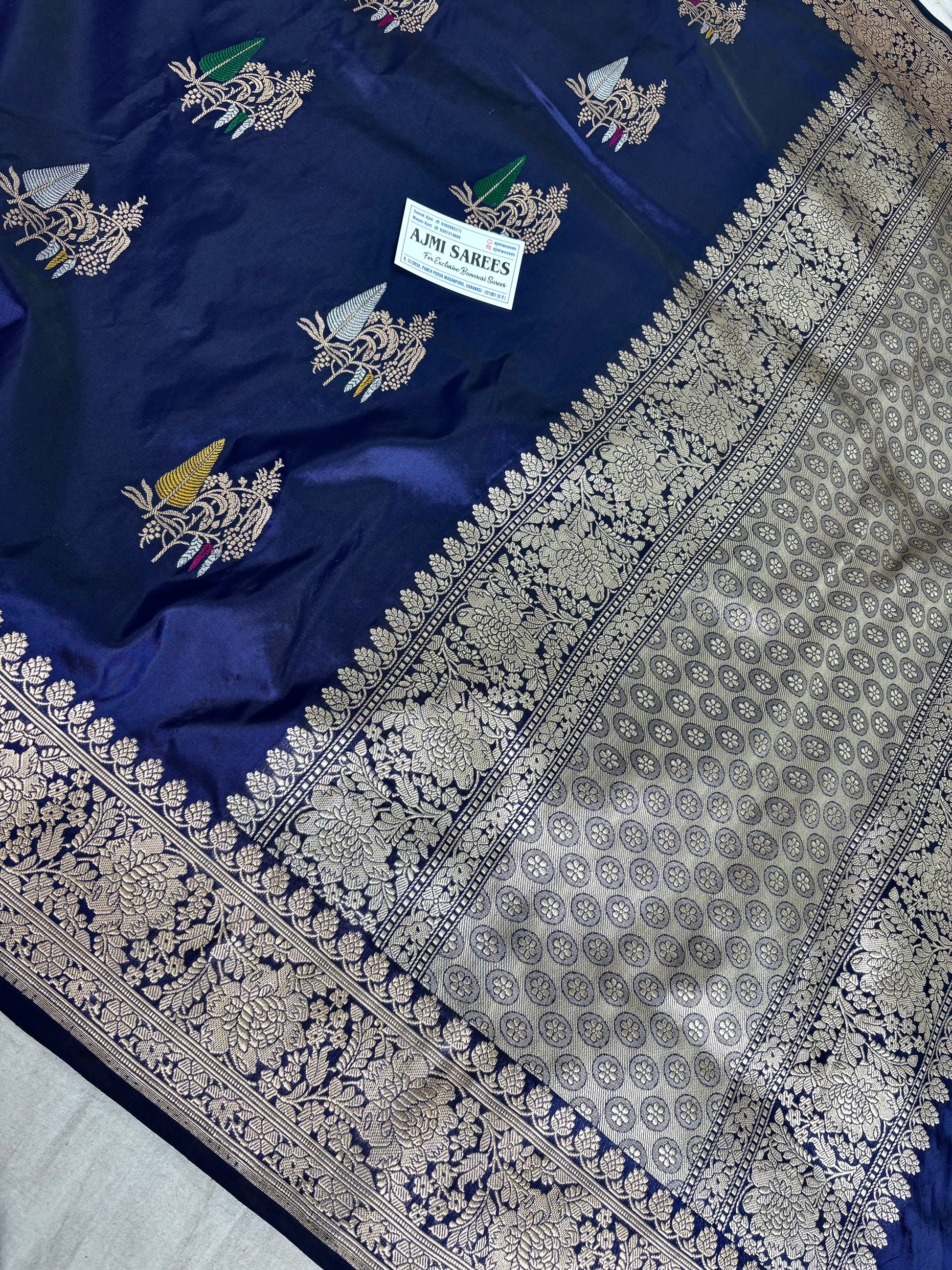 100% Pure Katan Silk Handloom Banarasi Saree in Navy Blue | All Over Kadwa Tilfi Boota Pure Katan Silk Banarasi Saree