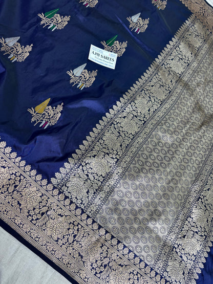 100% Pure Katan Silk Handloom Banarasi Saree in Navy Blue | All Over Kadwa Tilfi Boota Pure Katan Silk Banarasi Saree