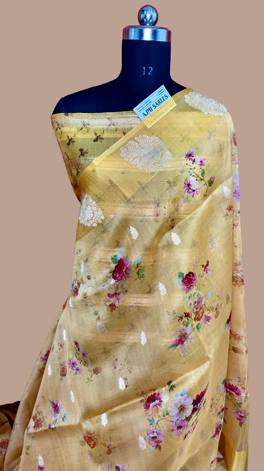 Golden Bloom | 100% Pure Kora Silk Handloom Banarasi Saree with Kadwa Motifs & Digital Floral Print Pure Kora Organza Silk