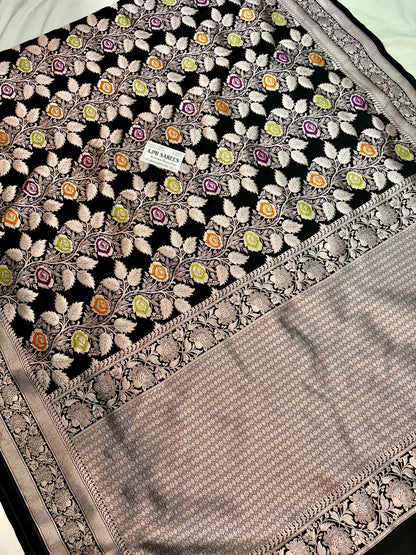 Black Katan silk Banarasi saree with multicolour Meenakari roses and intricate silver zari weaving