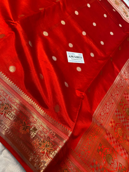 Traditional pure Mango Silk saree in orange with silver Meenakari rounded motifs