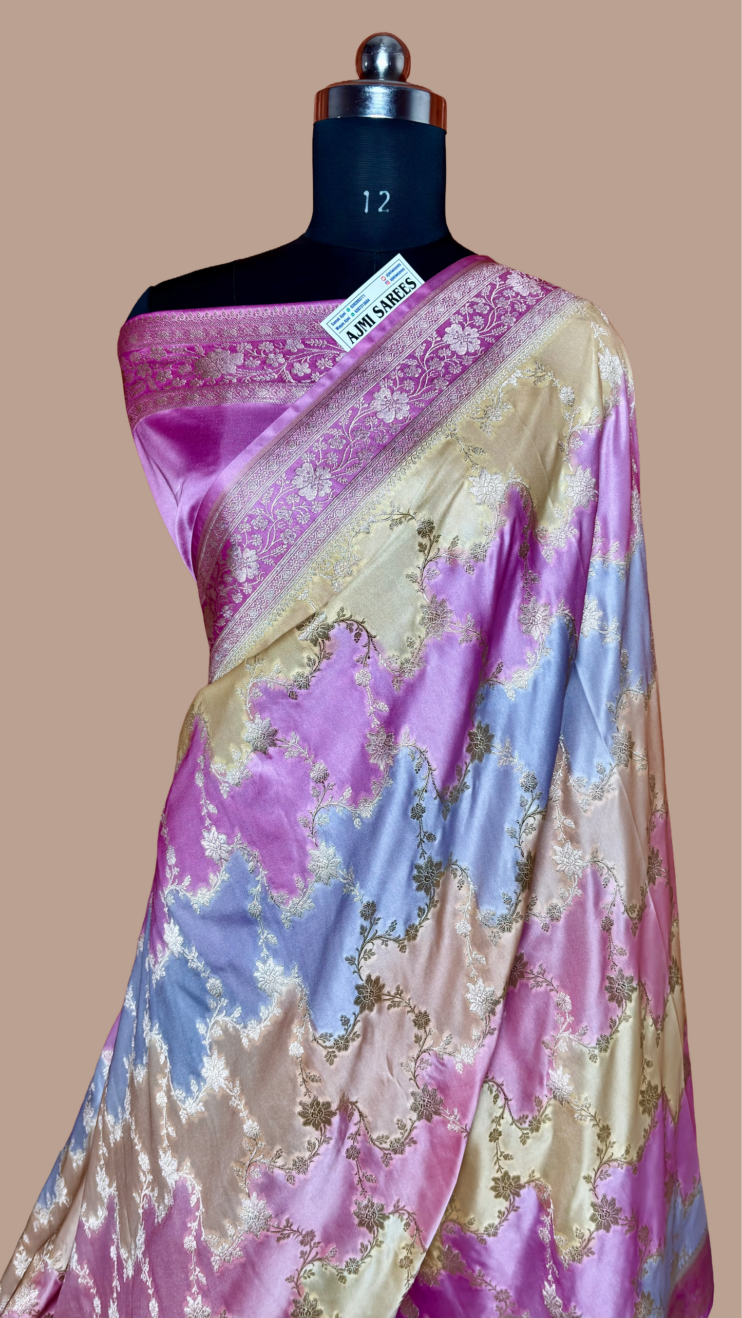 Mashru Katan Silk Rangkat Banarasi Saree – Pink, Tussar, Sky Blue & Yellow Mashru Katan Silk Banarasi Saree