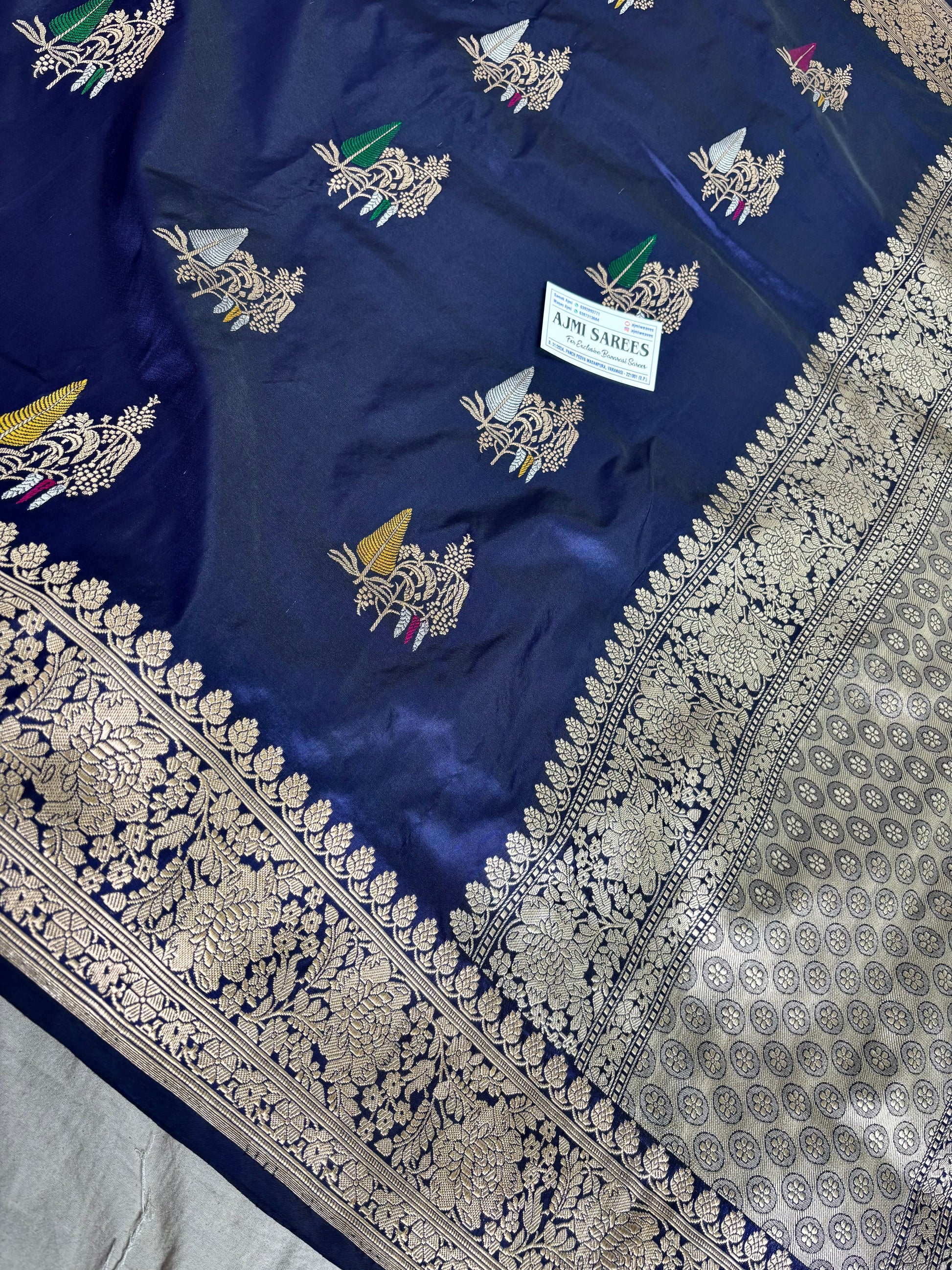 100% Pure Katan Silk Handloom Banarasi Saree in Navy Blue | All Over Kadwa Tilfi Boota Pure Katan Silk Banarasi Saree