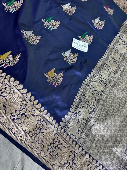 100% Pure Katan Silk Handloom Banarasi Saree in Navy Blue | All Over Kadwa Tilfi Boota Pure Katan Silk Banarasi Saree