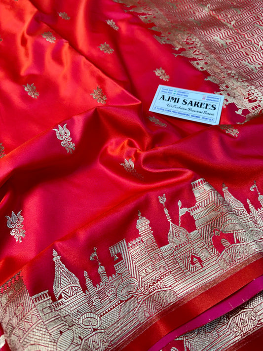Premium Banaras Ghat Inspired Mashru Katan Silk Banarasi Saree – Dual-Tone Orange Banarasi Saree