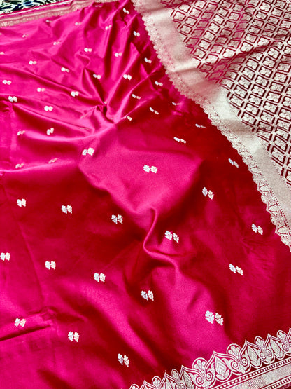 Cherry Red Mashru Katan Silk Banarasi Saree- All Over Sona Rupa Motifs Mashru Katan Silk Banarasi Saree